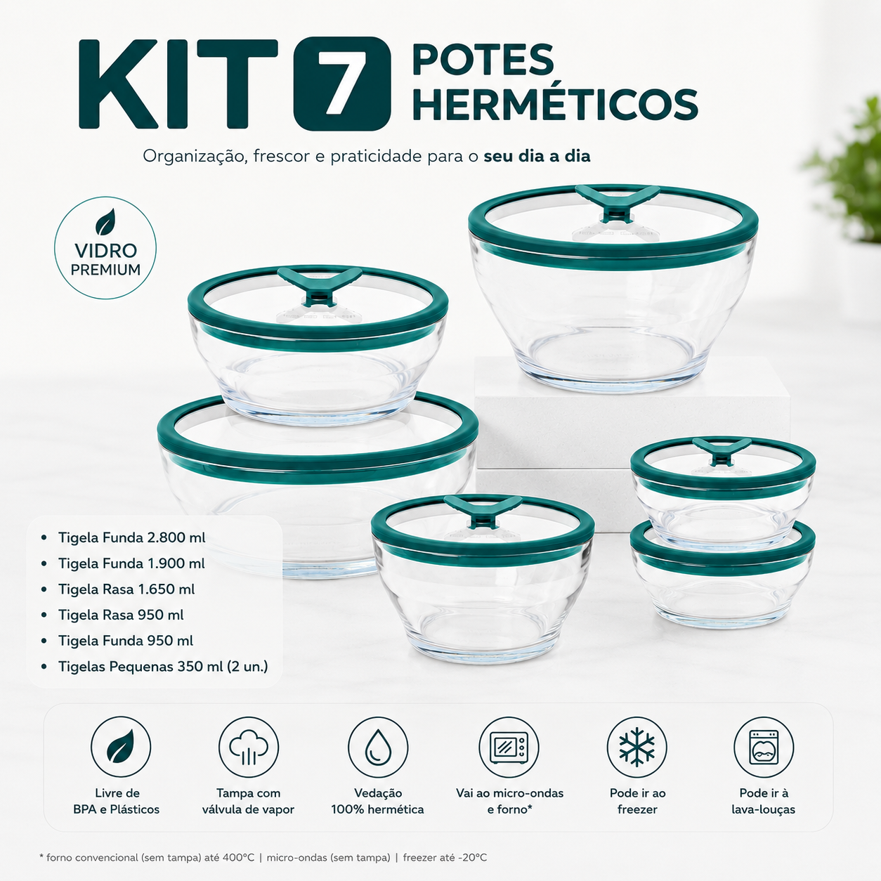 Kit 7 Potes Herméticos de Vidro Premium