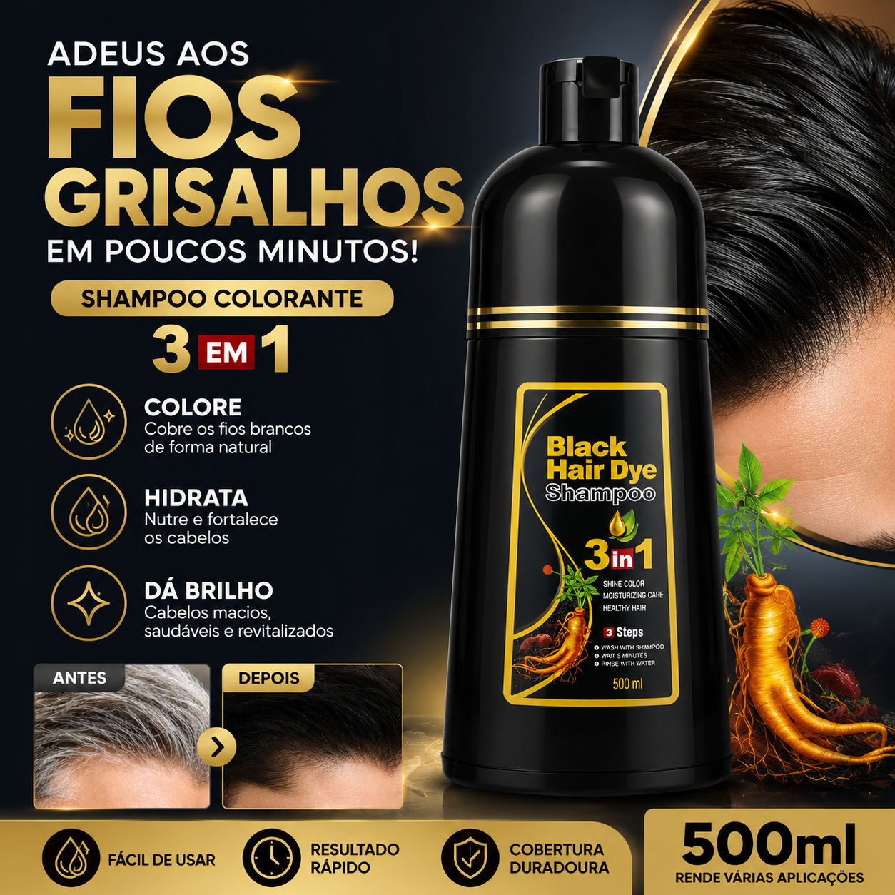[COMPRE 1 LEVE 2] Shampoo Black Hair Dye 3 em 1 (Dura até 6 meses)