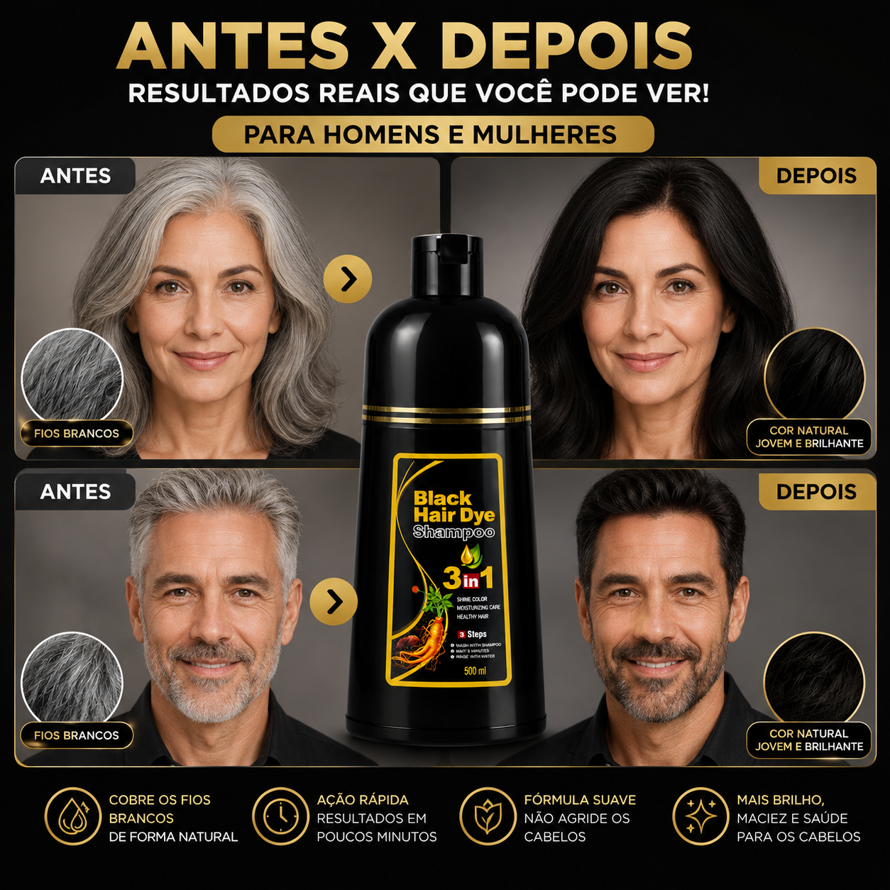 [COMPRE 1 LEVE 2] Shampoo Black Hair Dye 3 em 1 (Dura até 6 meses)