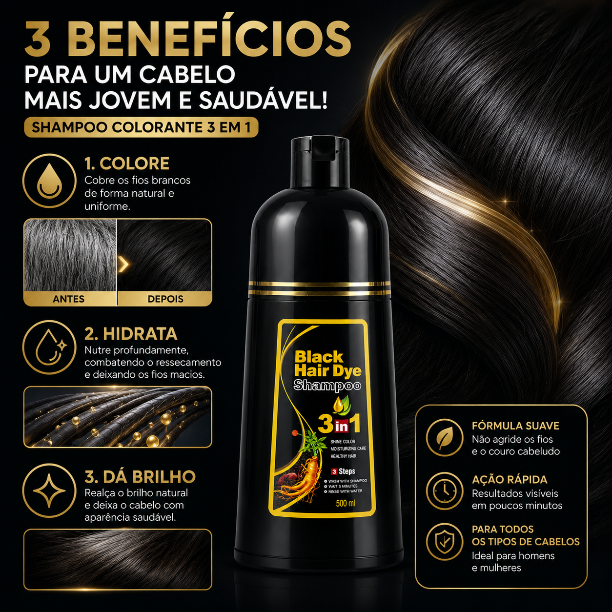 [COMPRE 1 LEVE 2] Shampoo Black Hair Dye 3 em 1 (Dura até 6 meses)