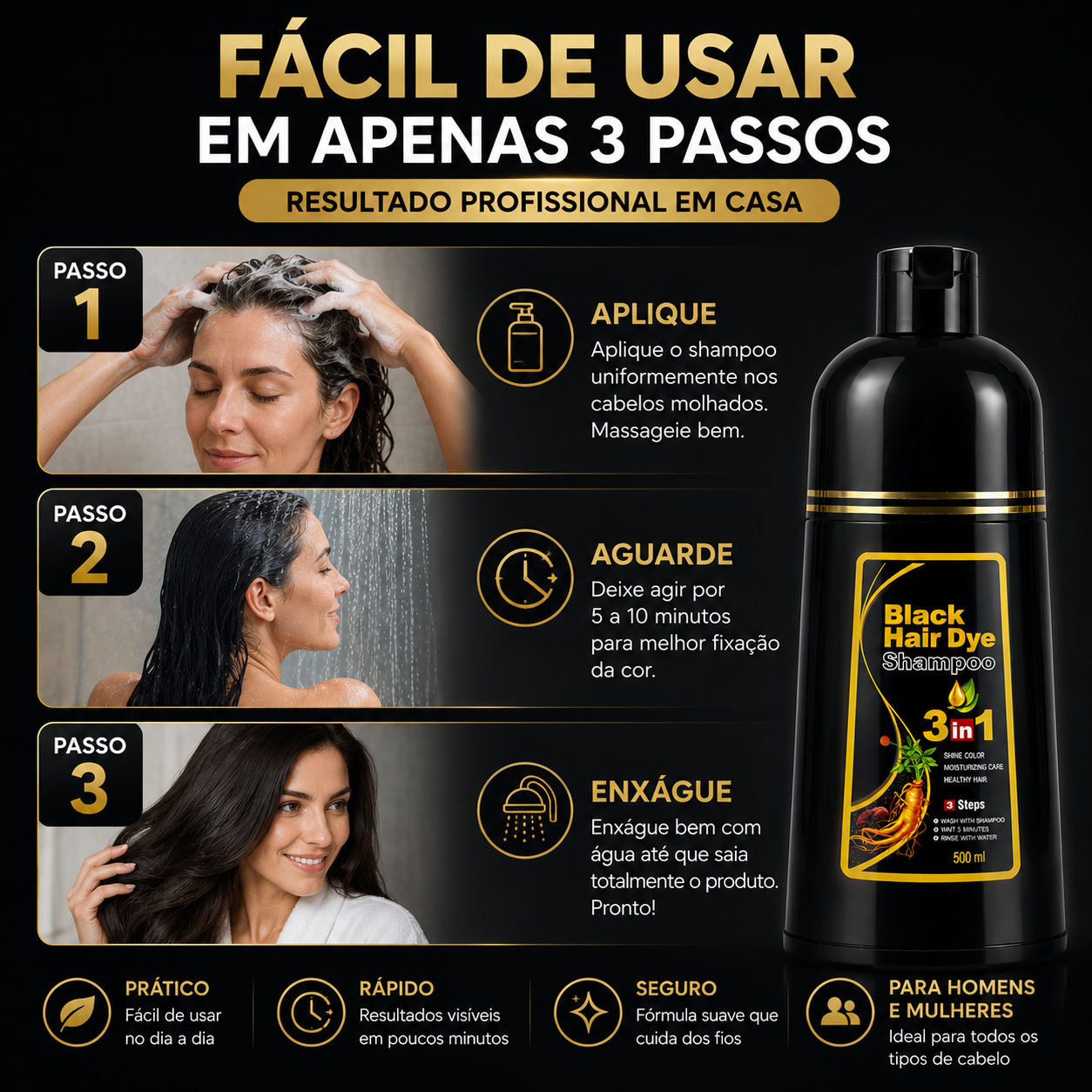 [COMPRE 1 LEVE 2] Shampoo Black Hair Dye 3 em 1 (Dura até 6 meses)