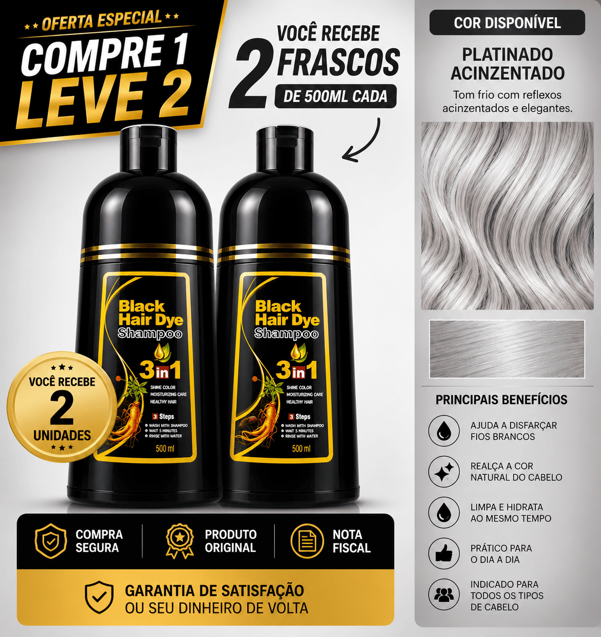 [COMPRE 1 LEVE 2] Shampoo Black Hair Dye 3 em 1 (Dura até 6 meses)