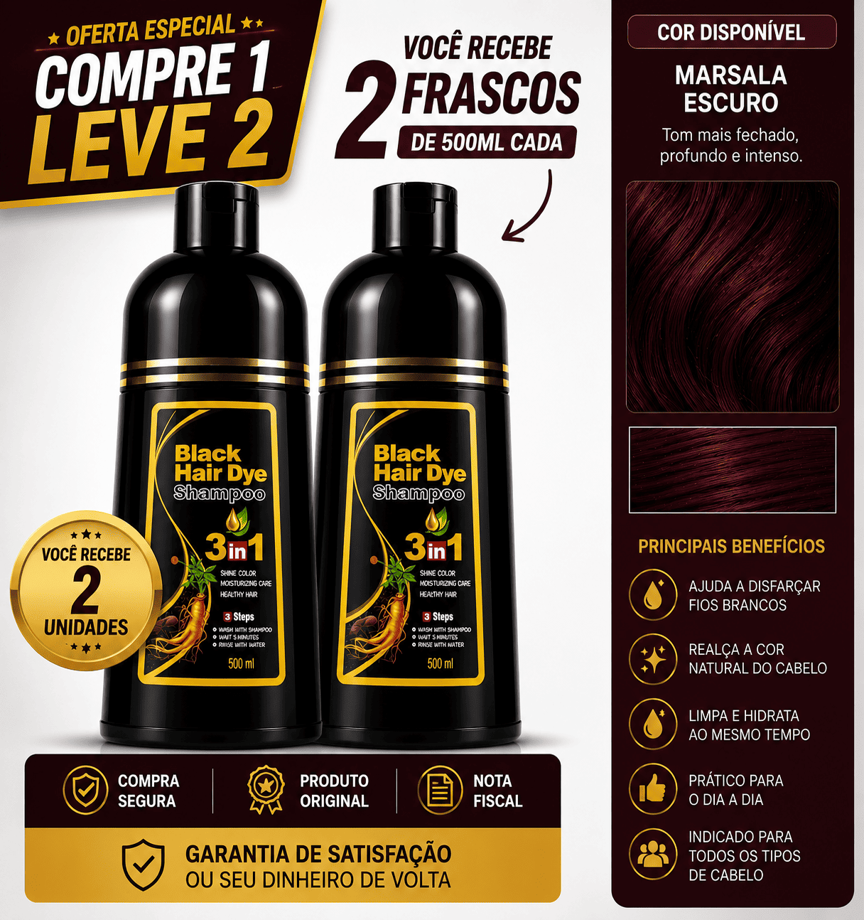 [COMPRE 1 LEVE 2] Shampoo Black Hair Dye 3 em 1 (Dura até 6 meses)