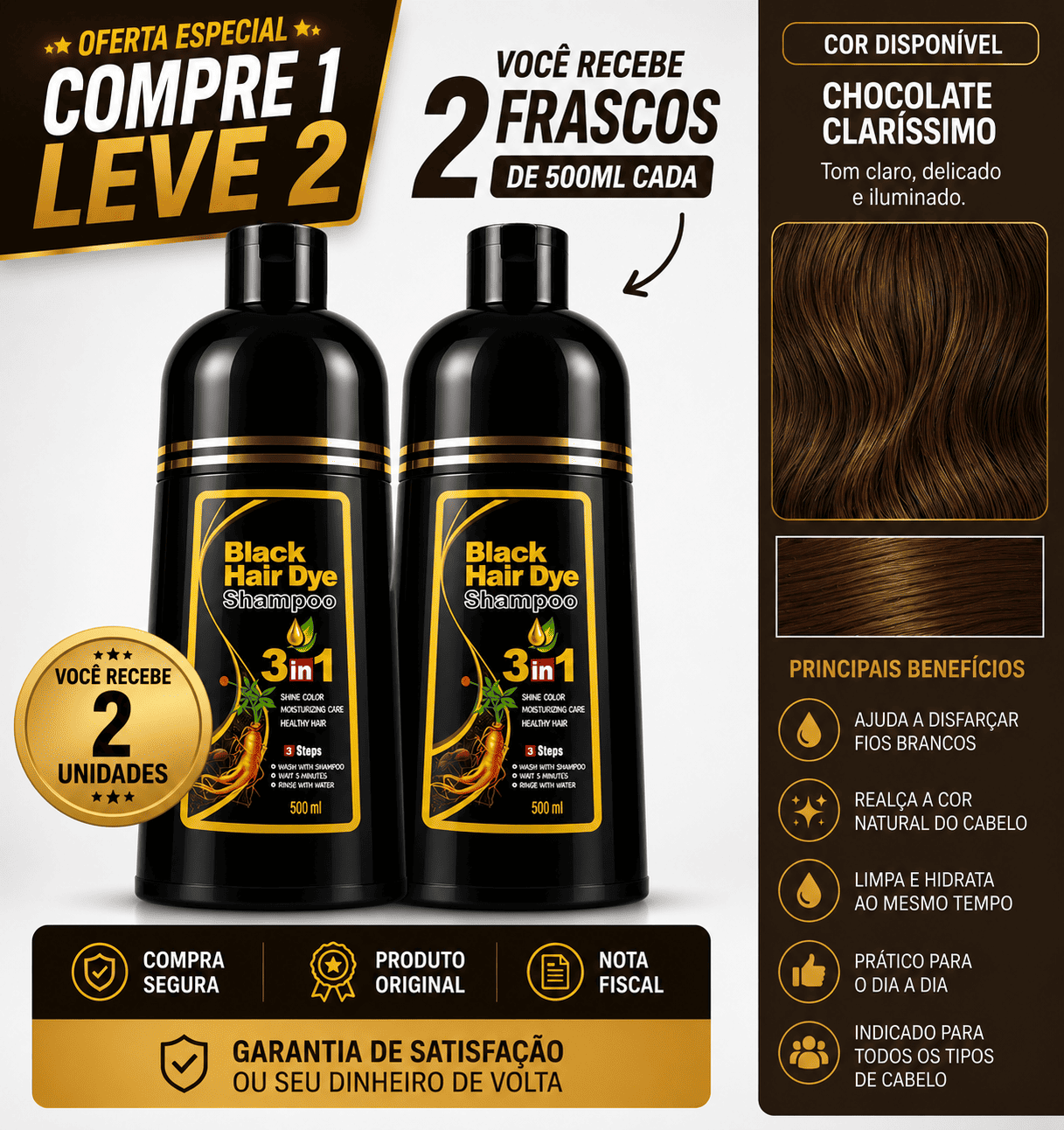 [COMPRE 1 LEVE 2] Shampoo Black Hair Dye 3 em 1 (Dura até 6 meses)