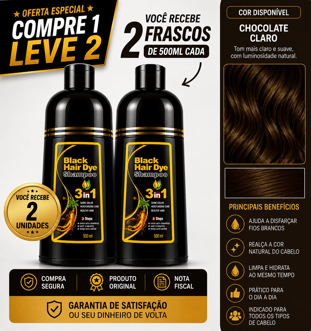 [COMPRE 1 LEVE 2] Shampoo Black Hair Dye 3 em 1 (Dura até 6 meses)