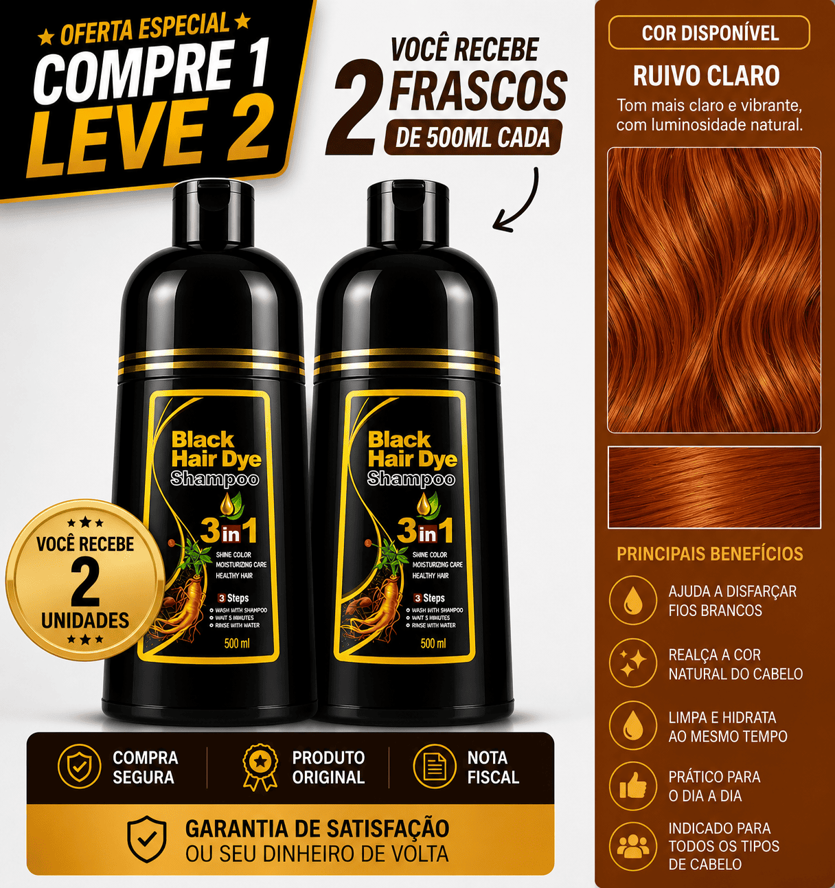 [COMPRE 1 LEVE 2] Shampoo Black Hair Dye 3 em 1 (Dura até 6 meses)