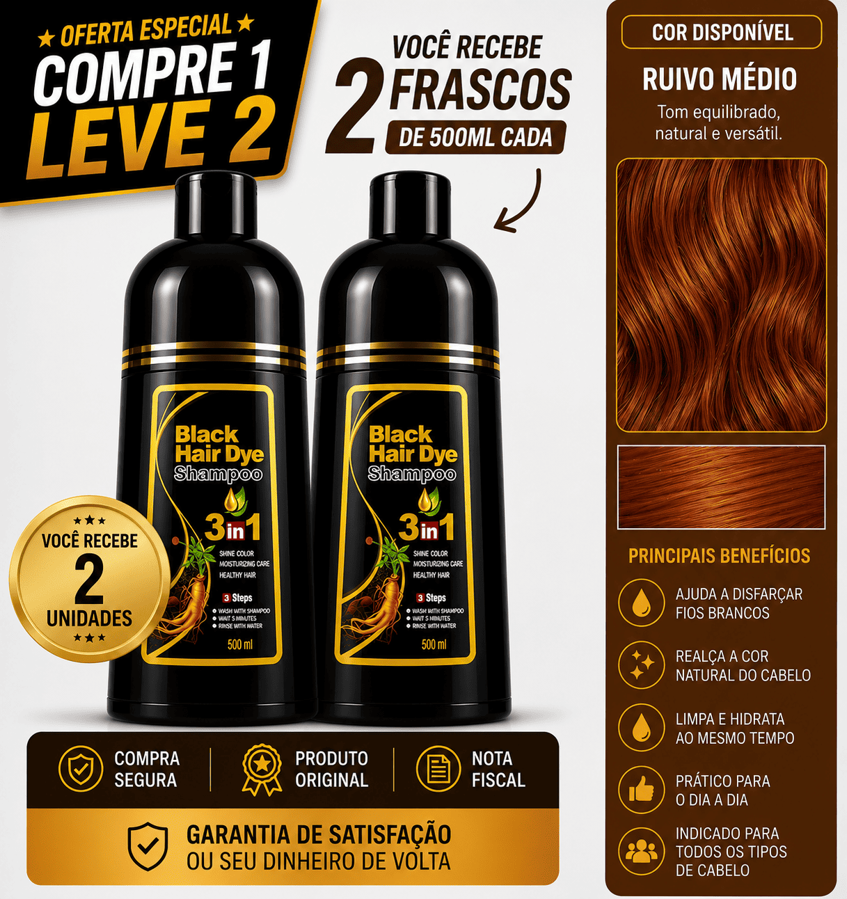 [COMPRE 1 LEVE 2] Shampoo Black Hair Dye 3 em 1 (Dura até 6 meses)