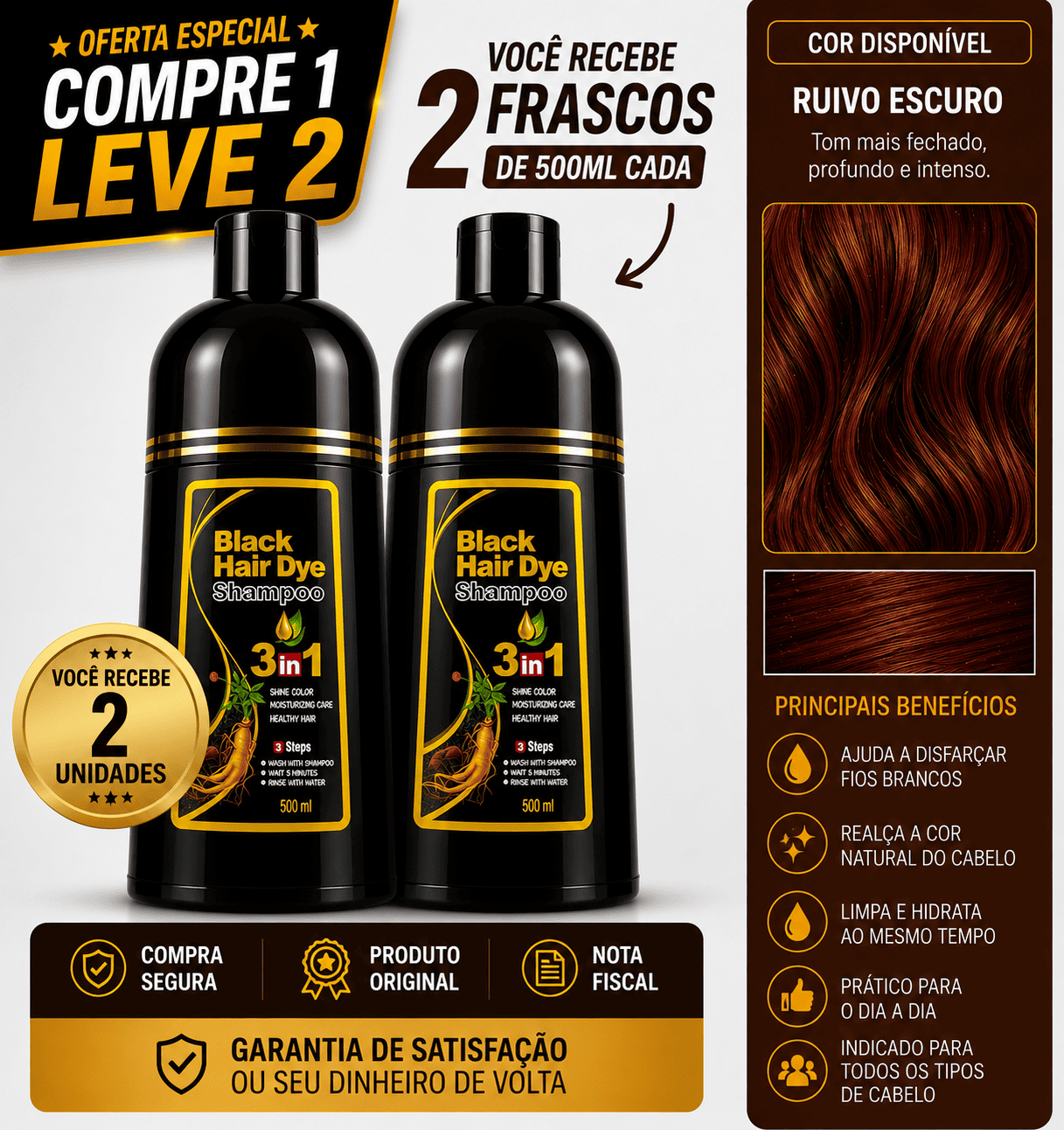 [COMPRE 1 LEVE 2] Shampoo Black Hair Dye 3 em 1 (Dura até 6 meses)