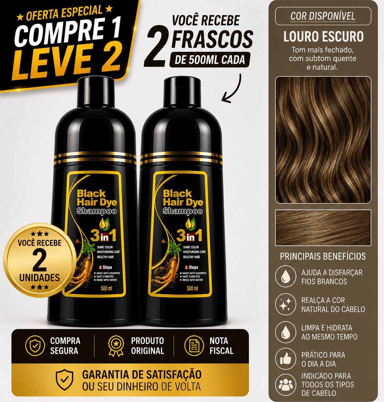 [COMPRE 1 LEVE 2] Shampoo Black Hair Dye 3 em 1 (Dura até 6 meses)