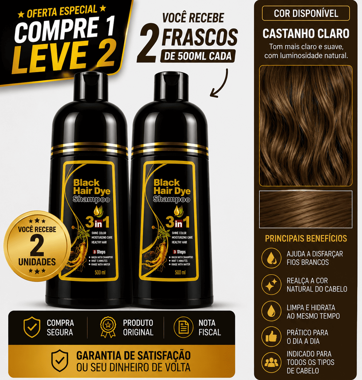 [COMPRE 1 LEVE 2] Shampoo Black Hair Dye 3 em 1 (Dura até 6 meses)
