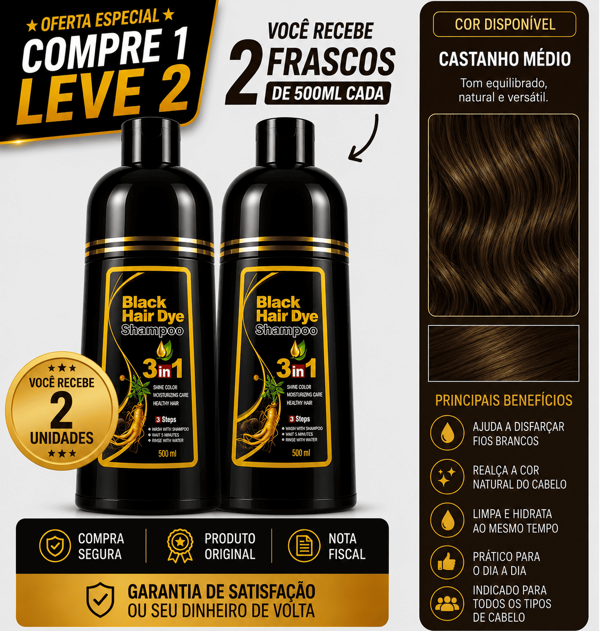 [COMPRE 1 LEVE 2] Shampoo Black Hair Dye 3 em 1 (Dura até 6 meses)