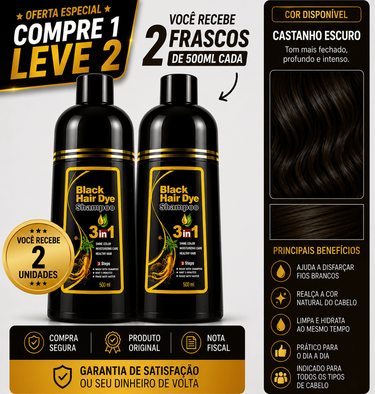 [COMPRE 1 LEVE 2] Shampoo Black Hair Dye 3 em 1 (Dura até 6 meses)