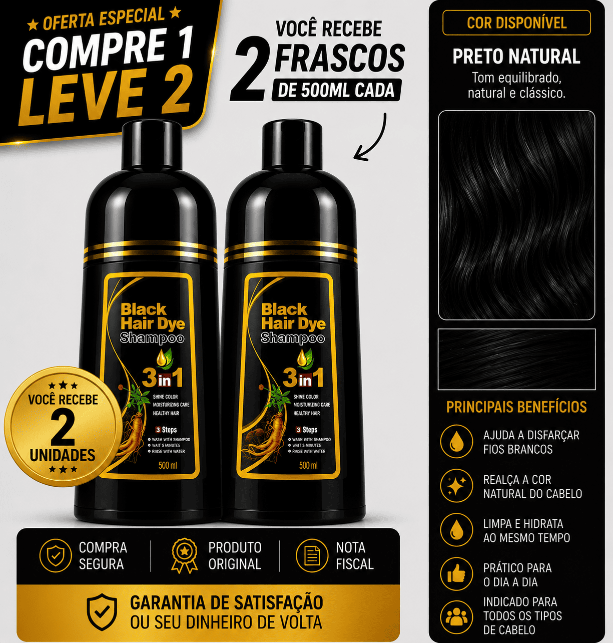 [COMPRE 1 LEVE 2] Shampoo Black Hair Dye 3 em 1 (Dura até 6 meses)