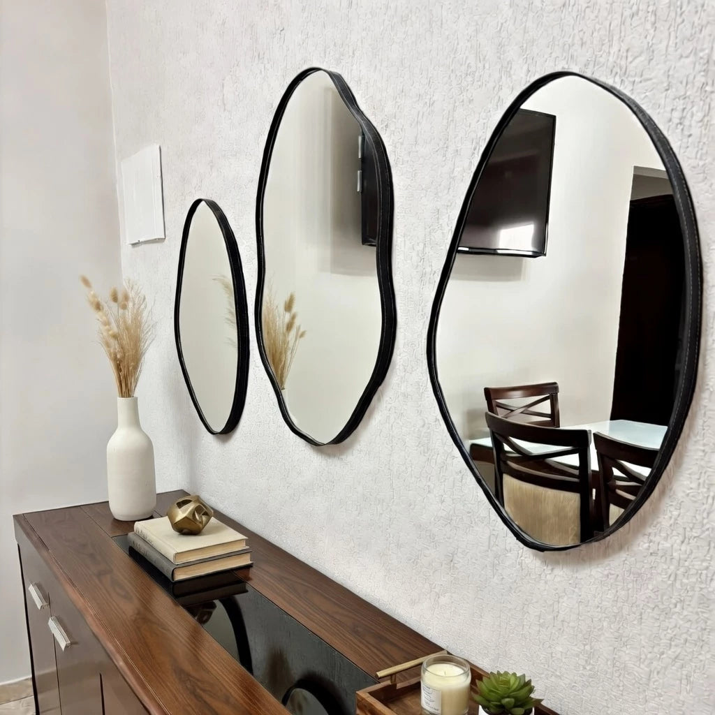 Kit 3 Espelhos Decorativos Orgânicos com Moldura em Couro Premium