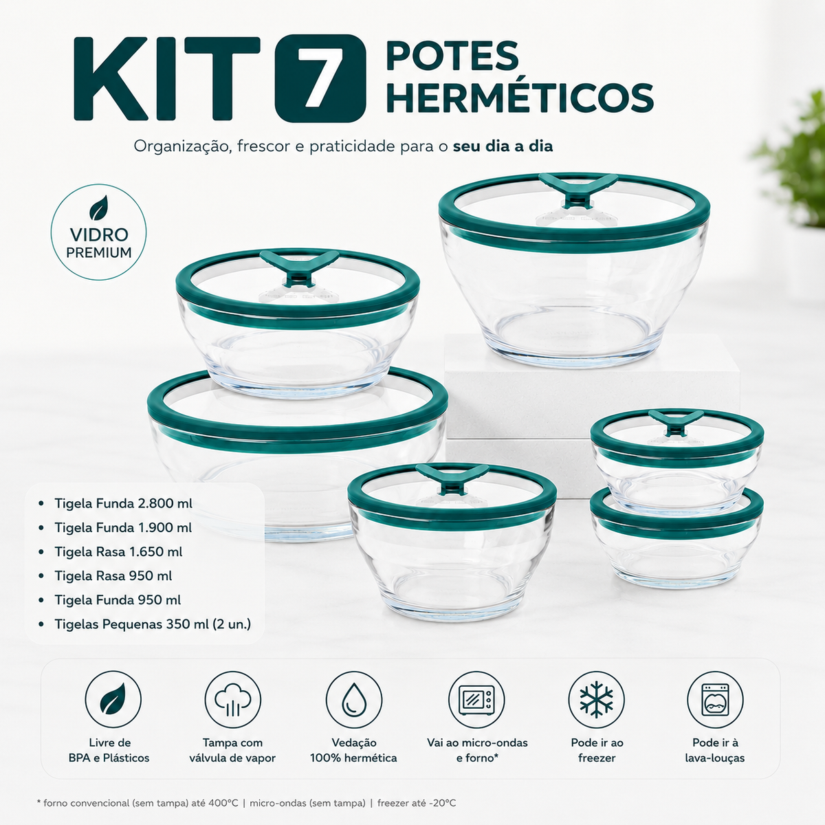 Kit 7 Potes Herméticos de Vidro Premium