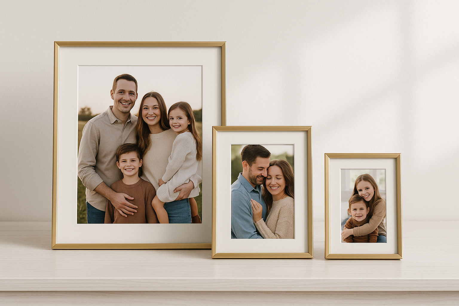 Kit 3 Porta-Retratos Dourados Tamanhos Variados com Vidro